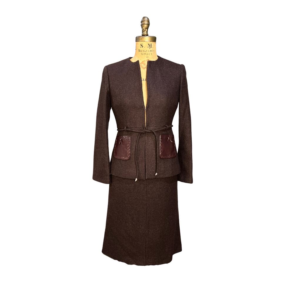 PAULE KA Vintage XS/S Brown Wool Skirt Suit with Lambskin Pockets - 1990s